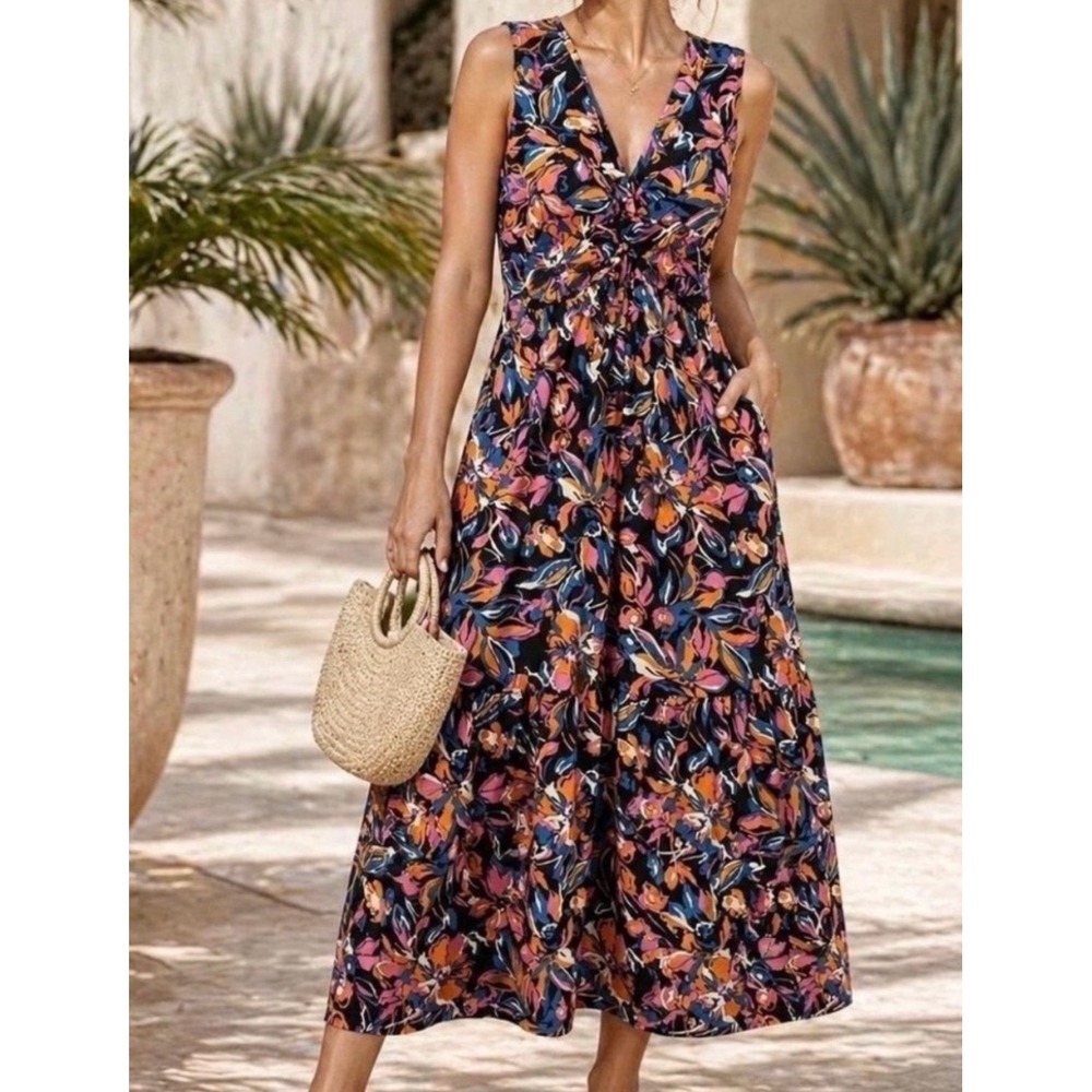French Connection Floral Twist Front Tiered Cotton Maxi Dress Multicolor L Boho